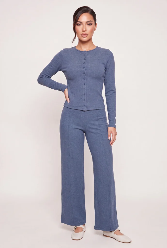 brushed knit wide leg pintuck pull on pants
