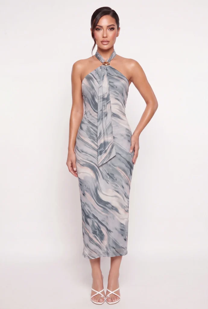 metallic detail asymmetrical sash halter dress