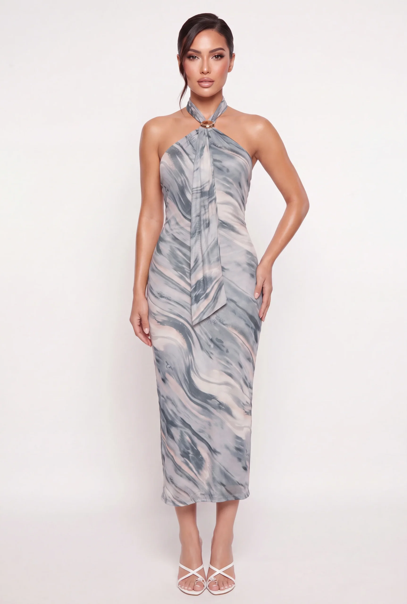 metallic detail asymmetrical sash halter dress metallic detail asymmetrical sash halter dress