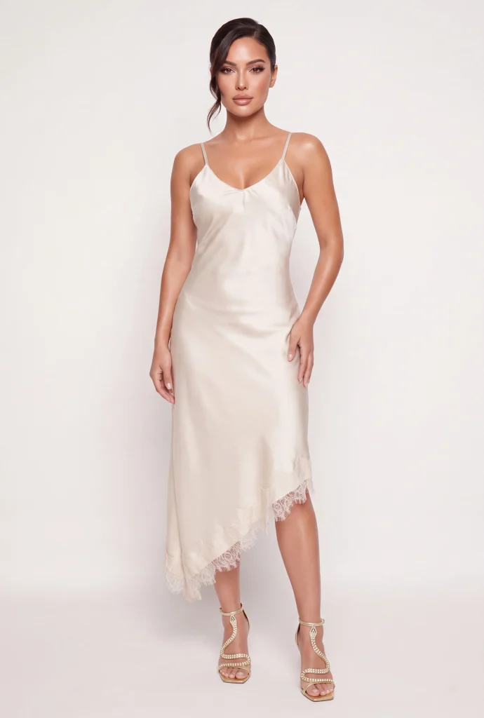 satin asymmetrical hem lace trim cami dress
