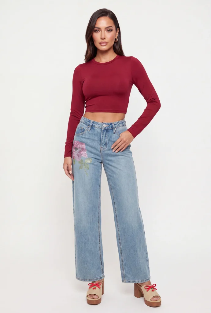 rhinestone flower wide leg jeans