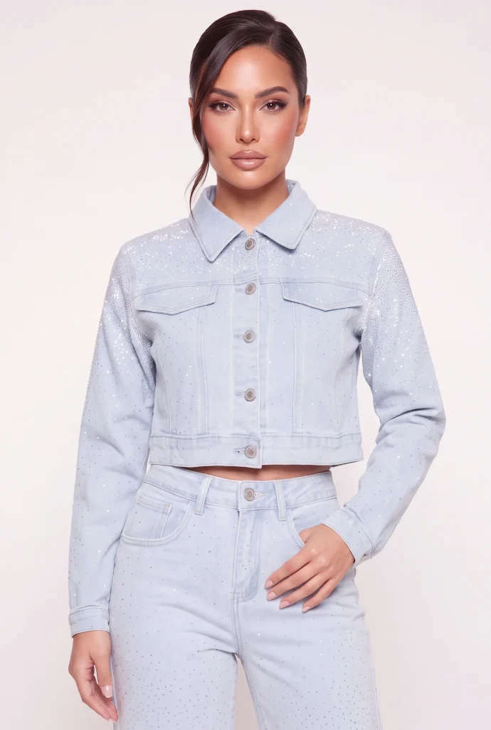 rhinestones cropped denim jacket