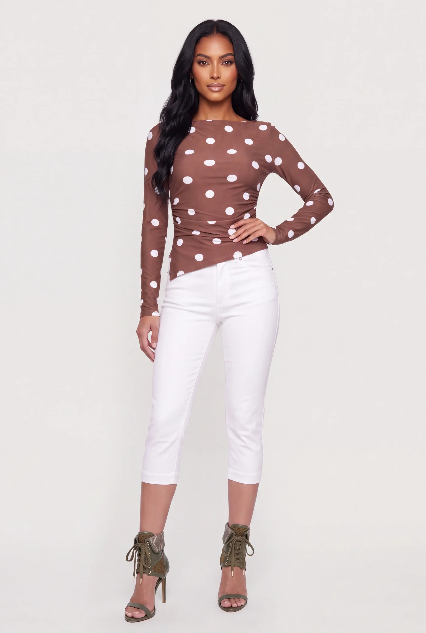 printed ruched asymmetrical long sleeve top printed ruched asymmetrical long sleeve top