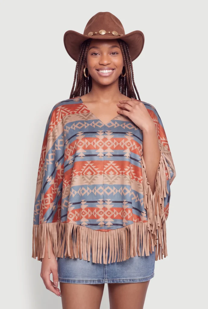 faux suede aztec print fringe hem poncho