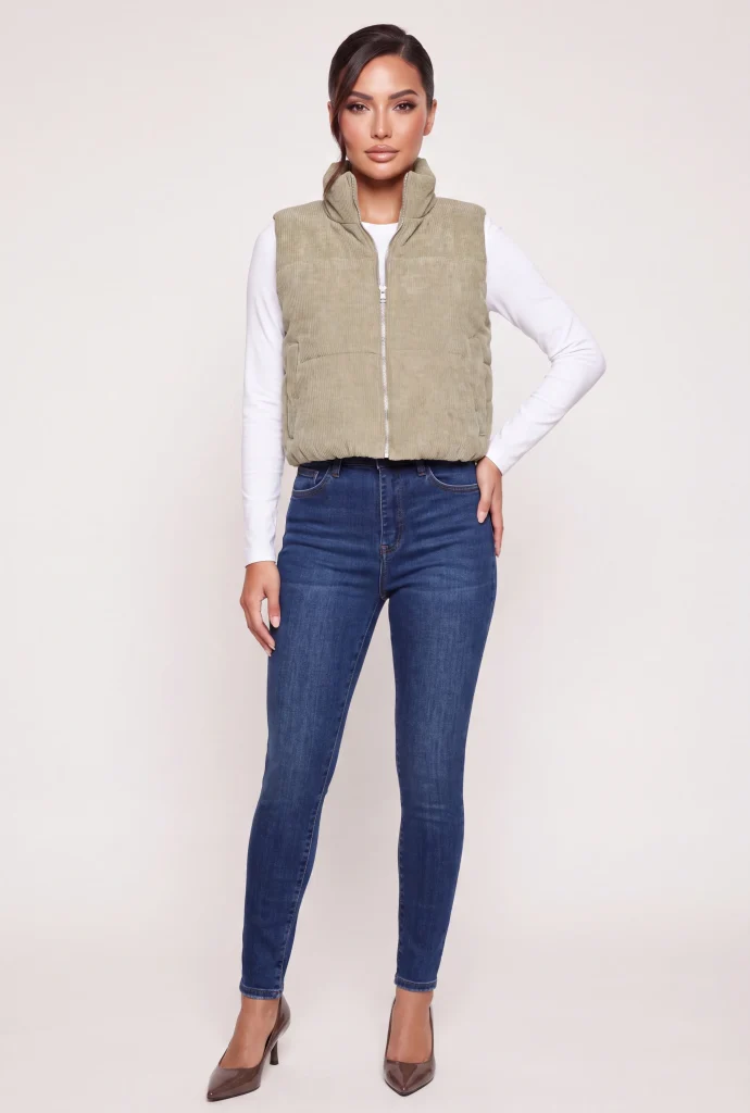 corduroy zip front mock neck puffer vest