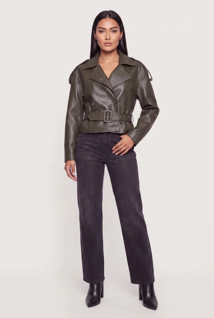 faux leather button front cropped trench coat