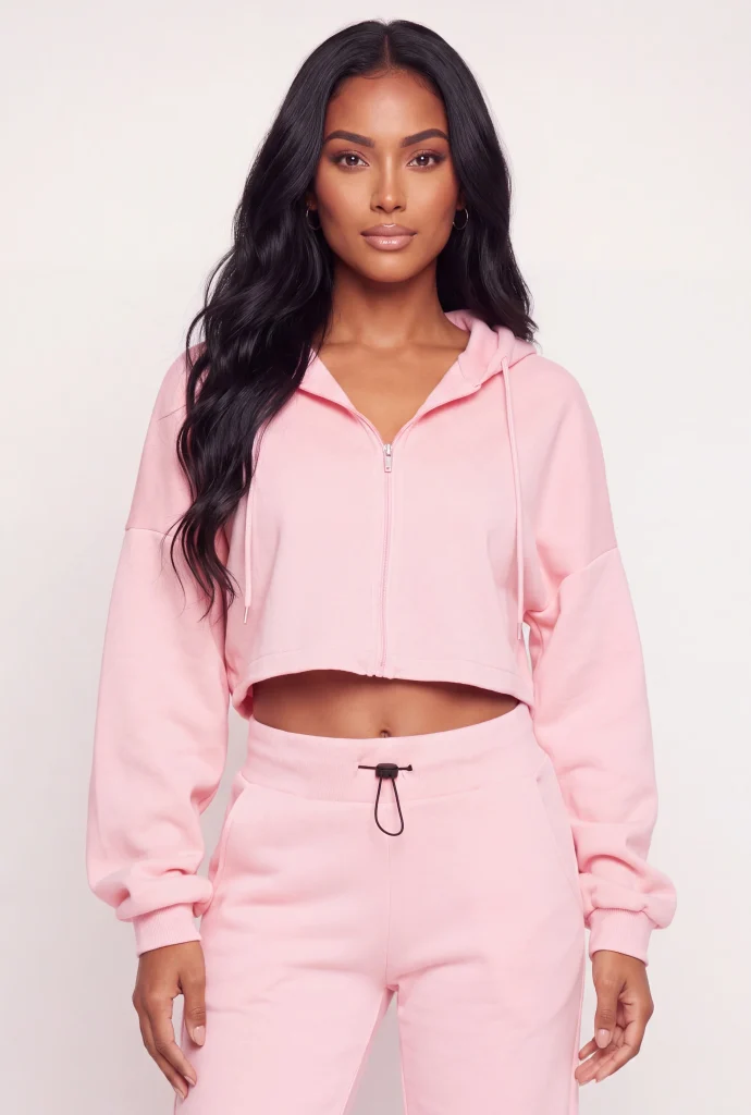 raw hem zip front cropped hoodie