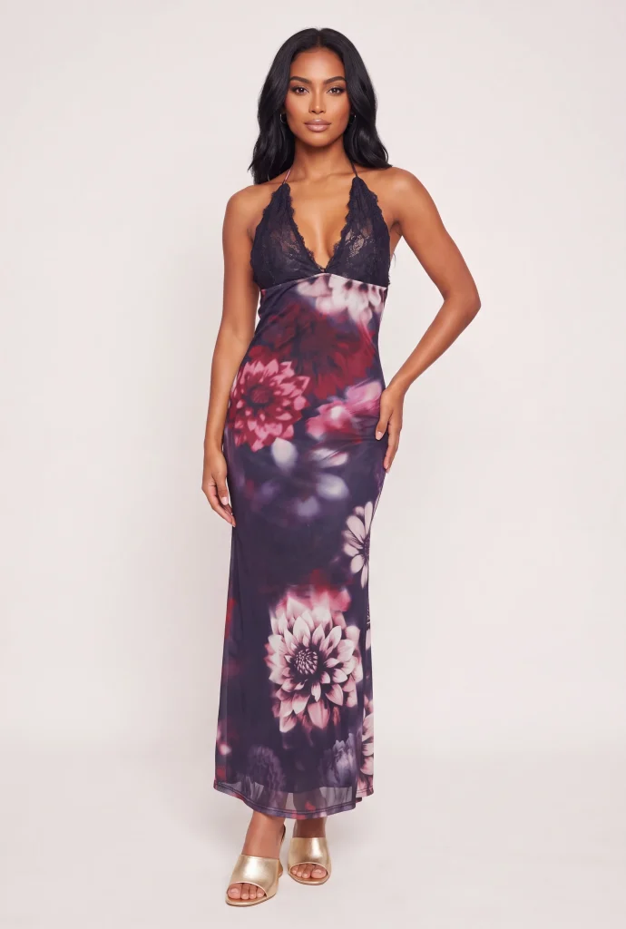 floral mesh tie back detail halter neck maxi dress