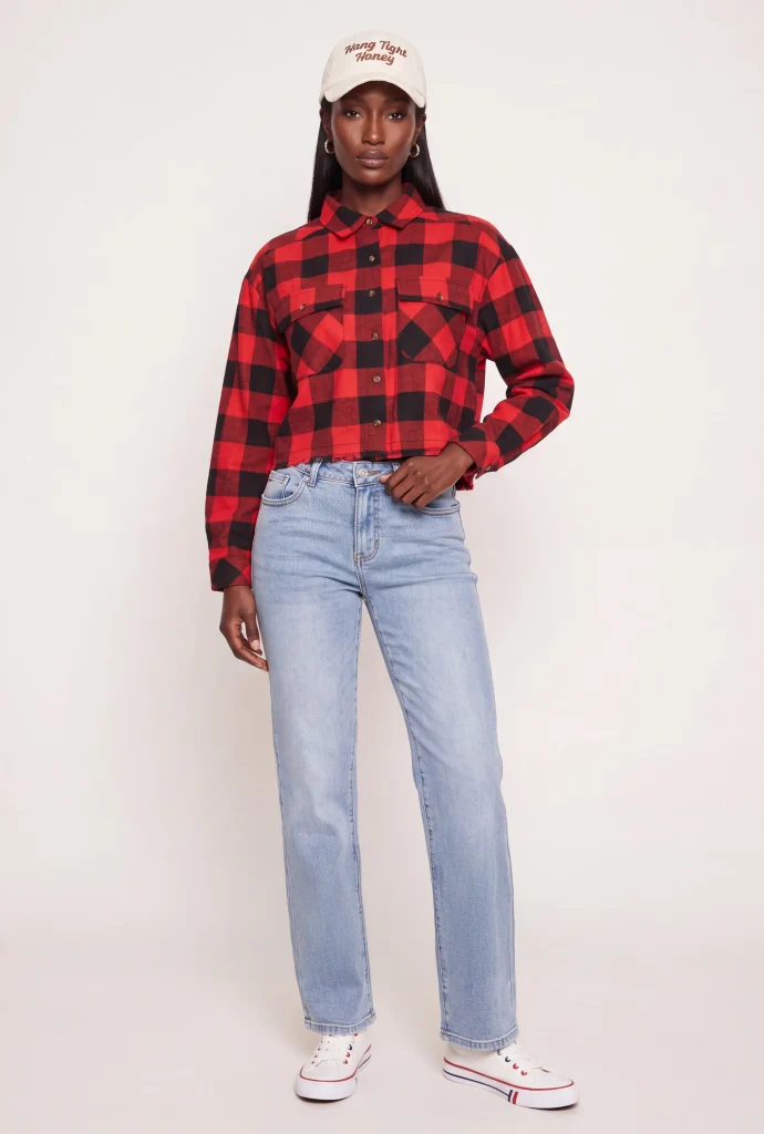 plaid button front raw hem shirt