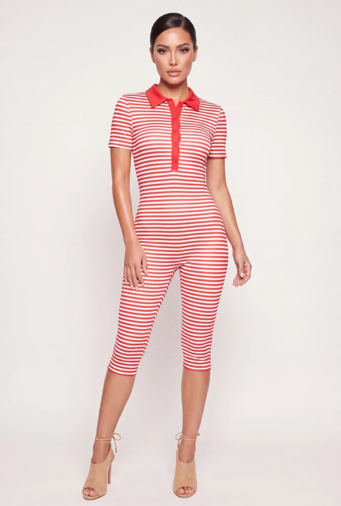 striped polo collar capri jumpsuit