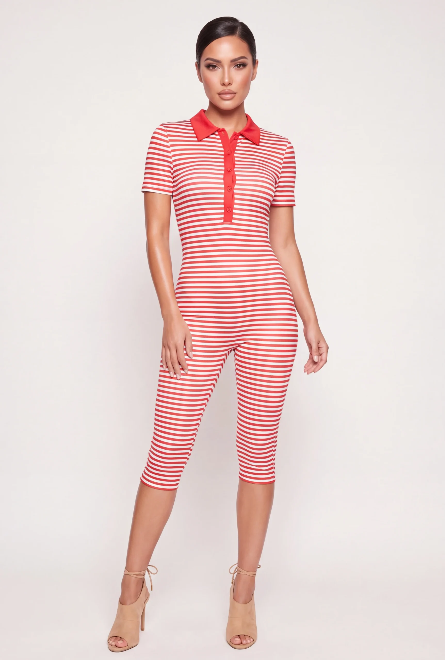 striped polo collar capri jumpsuit striped polo collar capri jumpsuit