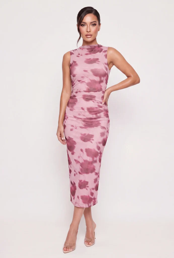 side ruched floral mesh maxi dress