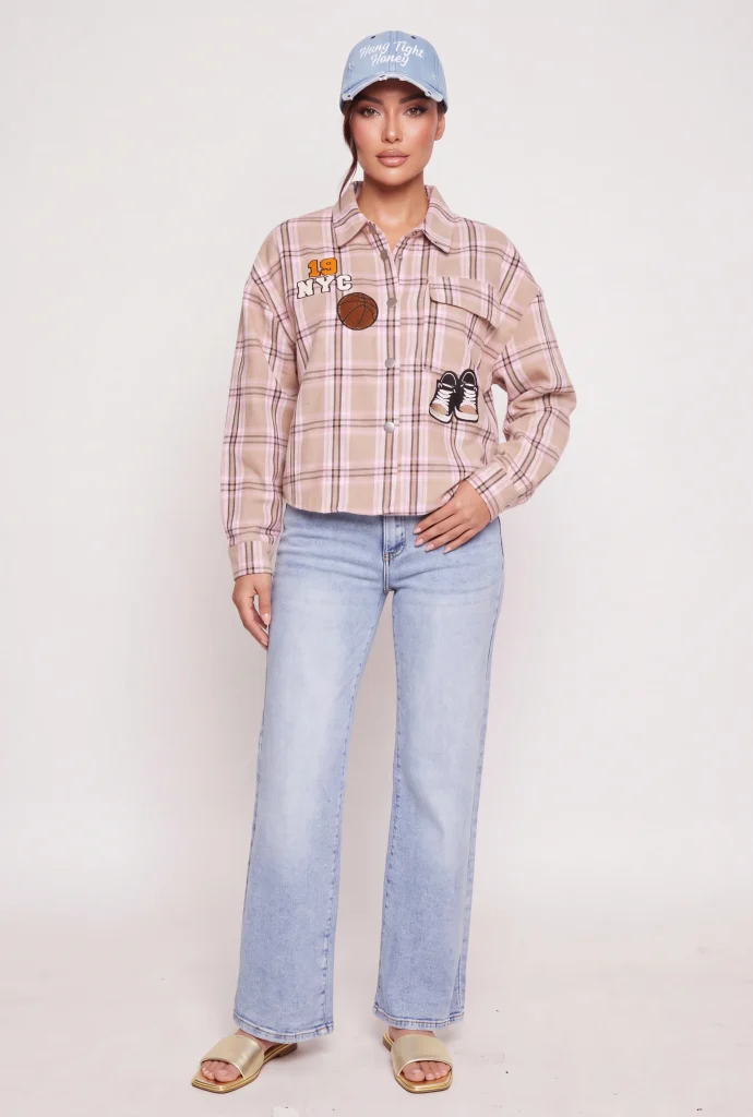 assorted patch plaid graphic snap button front shirt