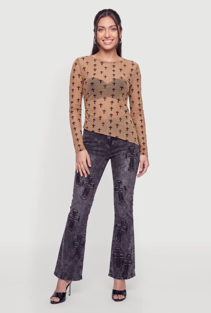 printed velvet burnout mesh asymmetrical long sleeve top