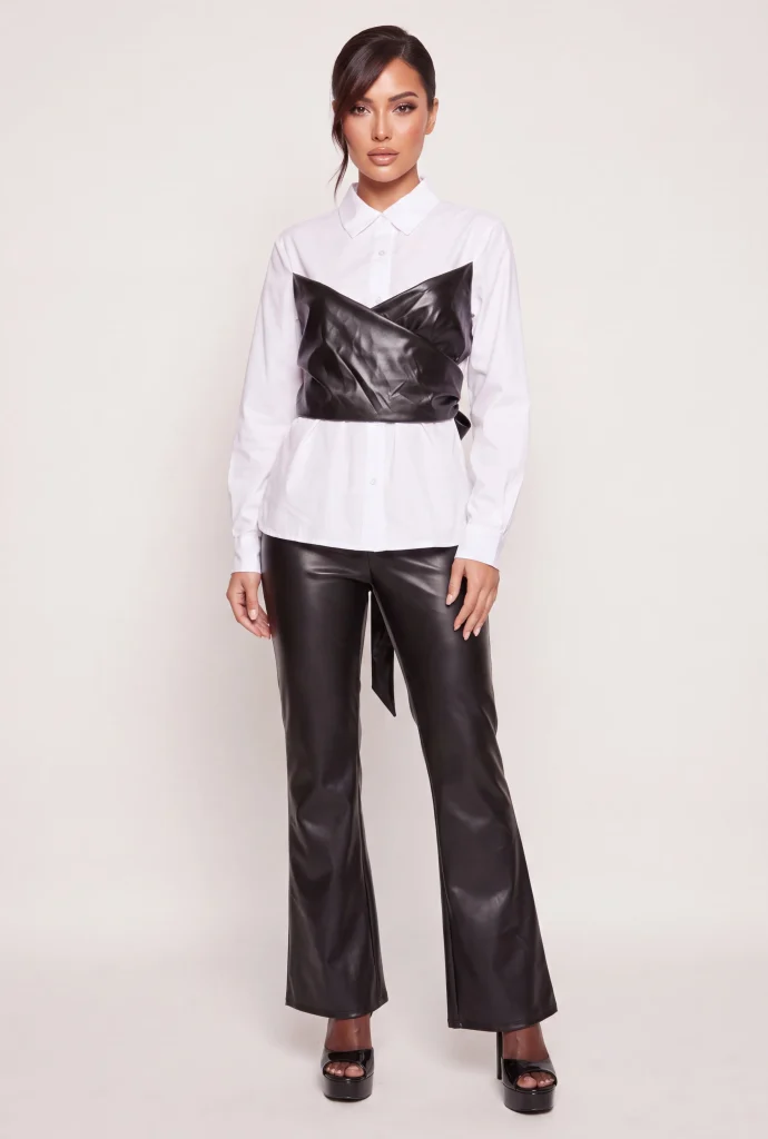 faux leather layered look color blocked button front blouse