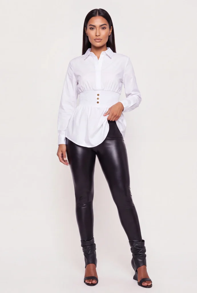 long sleeve smocked waist peplum shirt