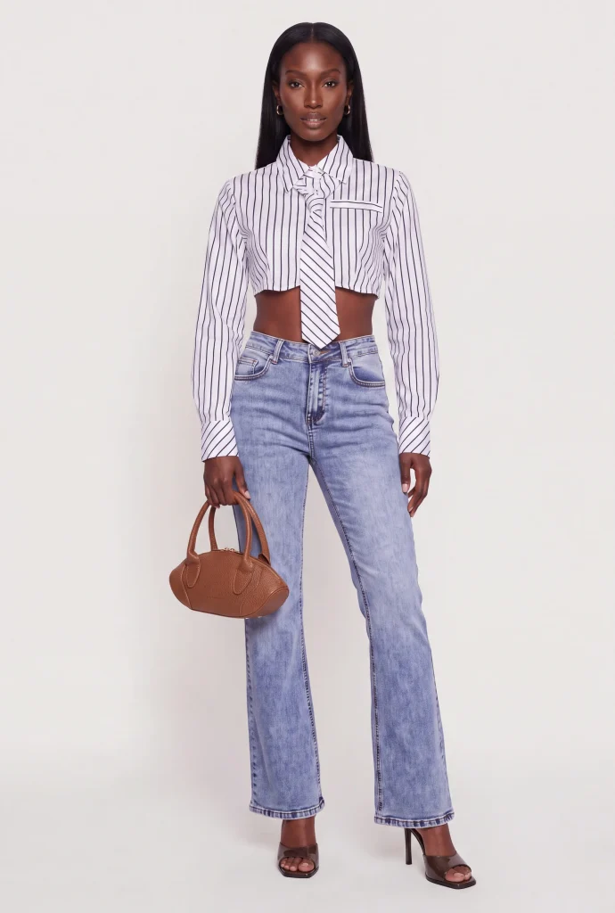 striped long sleeve cropped shirt with neck tie